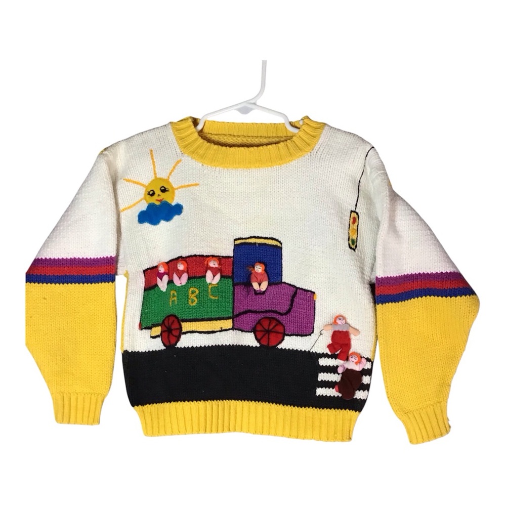 Vintage Kids School Bus Sweater 3D Applique 80s 90s 5/6 Colorful Novelty Knit